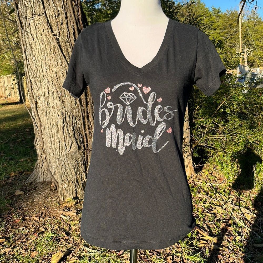 Super Sparkly Glitter Bridesmaid V-Neck Tee Shirt Size Medium Black Fitted